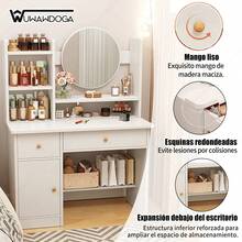 El Dormitorio Cuenta con un Tocador de Dos Cajones en un Estilo Minimalista Moderno, Completo con un Espejo, Tres Gabinetes de Almacenamiento y Estantes - Blanco - Ver 4