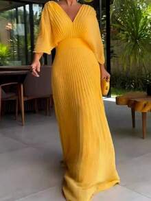 Dresses For Women,Women's Fashionable And Elegant Solid Color Pleated V-Neck Batwing Sleeve High Waist Full Skirt Long Dress - 黃色 - 查看 2