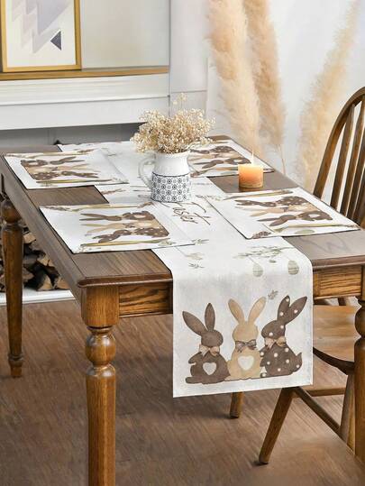 1/4/5/6/7pcs Easter Decoration Set, Rabbit, Easter Bunny, Easter Eggs, Happy Easter, Home Decor Set, Living Room Decor, Bedroom Decor, Dining Room Decor, Faux Linen Material, Multiple Sizes Available, Dining Table Decor, Fireplace Scarf, Placemats, Coasters, Home Accents