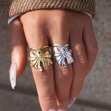 2pcs/1pc Minimalist 18K Gold Plated Stainless Steel Ginkgo Leaf Rings, Can Be Stacked With Other Rings, Women's Jewelry, Fashionable Accessories Suitable For Daily Wear Or As Gifts, Also Suitable For Parties, Holidays And Everyday Wear. - Multicolor - View 3