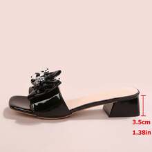 French Square Toe Rhinestone Bow Chunky Heel Strap Summer New Versatile Slim High Heel Sandals - Black - View 9