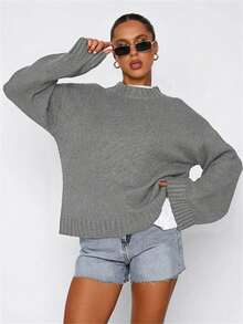 Women's Casual Long Sleeve Round Neck Rib-Knit Sweater Regular Fit Knit Top With Slight Stretch - Xám - Xem 2