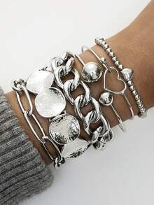 1-6pcs Fashionable Minimalist Elegant Exaggerated Vintage Coin Chain Heart Beaded Bracelet Set, Suitable For Dates, Parties, Balls, Festivals, Valentine's Day, Birthdays, Daily Wear - Silver - View 8
