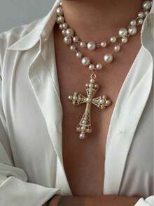 1pc Handmade Beaded Cross Pendant Necklace, Unisex Couples Style, Vintage European & American Fashion Versatile Short Necklace For Daily, Party - Double Layer Necklace - View 1