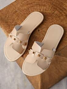 Teenage Girls' Sequin Silver Flat Slippers, Lightweight, One-Strap, Soft Bottom, Non-Slip, Beach Sandals, Comfortable & Versatile - Beige - View 1