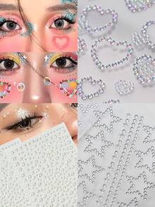 4张闪亮爱心、星星和珍珠点缀的魅力脸部贴纸套装 | 打造眼妆和派对造型 | 可爱奢华的情人节和节日风格 - 彩色 - 查看 3