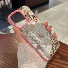 Funda para teléfono con diseño de ángeles en nubes y columnas clásicas. Compatible con fundas para teléfonos ,  17,  16 Pro Max,  15 Pro Max,  13 y  12. Fabricada en TPU, ofrece protección contra golpes y caídas. Un regalo ideal para familiares, amigos, parejas, novios/novias y para San Valentín. - Rosa - Ver 2
