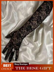 1Pair Black Lace Gloves, Elegant Tea Party Gloves, Women's Long Lace Mittens Gloves, Bridal Wedding Hand Decoration, Suitable Bachelorette Party And Wedding Decorative Gloves - 黑色 - 查看 3