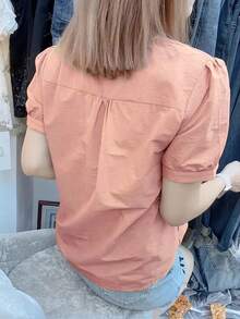 女士宽松休闲中国风纽扣衬衫，纯色夏季粉色 - 粉色 - 查看 2