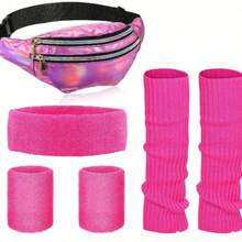 6pcs 80s Style Neon Leg Warmers Set With Holographic Fanny Pack, Knit Leg Warmers, Headband And Wristbands, Suitable For Yoga, Running, Hiking, All Seasons