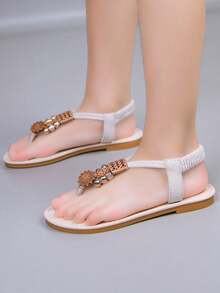 1 Pair Girls Flat Sandals, 2026 New Bohemian Style Simple Thong Sandals, Quick-Drying Beach Sandals For Daily & School Wear - White - View 6