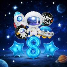 8件套 YW Qijing 宇航员主题火箭飞船铝箔气球，适合1-9岁儿童，包含18英寸生日快乐圆形气球、宇航员、飞船、火箭、五角星图案气球和32英寸蓝色数字气球，适用于生日派对装饰、周年纪念装饰、性别揭晓派对装饰、婴儿派对装饰、摄影道具、送给儿子/女儿的惊喜礼物。 - 藍色 - 查看 9
