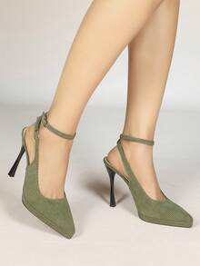 Women's Pointed Toe Thick Sole Backless Sandals With Metal Buckle, Elegant Basic High Heel Shoes For Summer & Autumn - Green - View 3