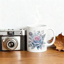 1 Pc 11oz Ceramic Mug, Glittering Frost Rose Bouquet - Stunning Watercolor Graphic Of Icy Blue And Pink Roses Dusted With Shimmering Sparkles And Jewels; A Luxurious Gift For Wives, Mothers, And Girlfriends, Ideal For Celebrating Birthdays, Anniversaries, And Mother's Day - White - View 2