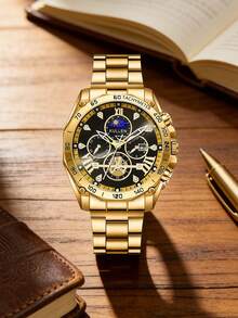 Set de 2 relojes de lujo dorados para hombres, que incluye 1 reloj de cuarzo dorado con función múltiple y números romanos, y 1 billetera de cuero PU con patrón de rombos negros - Dorado - Ver 5