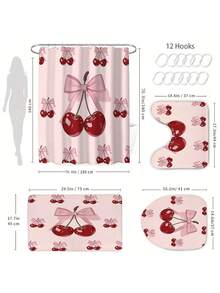 1/4pcs Pink Bow & Cherry Pattern Bathroom Curtain Set, Modern Style Home Decor Printed, Washable, Fashionable Theme, Suitable For All Seasons, Easy Installation - Includes 12 Hooks For Bathroom, Guest Room, Bedroom, Living Room - Multicolor - View 5