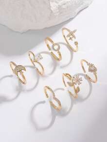 1pc Twinkle Boho Ring Set Gold Crystal Joint Knuckle Finger Rings Stackable Moon Star Heart Flower Ring For Women And Girls, Daily Wear, Mom Gift - Yellow Gold - View 1