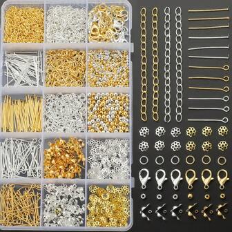 1700件/盒 DIY 首饰制作材料包，包含100个眼针、100个扁针、50个龙虾扣、200个隔珠、200个止珠、50条七段链、600个开口圈、100个扣环和300个珠帽，适用于手工DIY首饰制作、串珠、链条、首饰配件、连接器、帽扣、头针、绳头、耳环圈及其他首饰工艺用品。