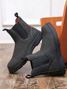 Men's Boots, Thick Sole Round Toe Pull-On Boots, Retro British Mid-Top Boots, Business Casual Daily Motorcycle Riding Boots, Men's Shoes - Gray-black - View 4