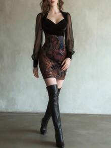 Sexy Retro Perspective Mesh Splicing Velvet Mini Dress - 黑色 - 查看 4