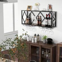 COSTWAY Wall Mounted Wine Rack, Wine Display Shelf W/ Wine Bottle Rack & 6 Rows Of Stemware Holder, Wine Storage Rack For 39 Bottles & 12 Glasses, Suitable For Kitchen, Living Room, Dining Room, Brown - Brown - View 1