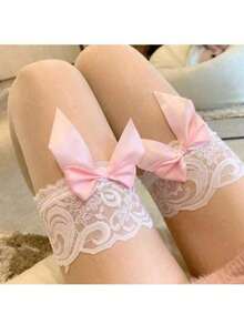 1 Pair Pink Long Stockings Popular Royal Sister Skin Translucent Black Silk Thin Lace Lace Butterfly Over The Knee Stockings - 粉色 - 查看 5