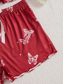 两件套女士吊带睡衣套装，含短裤，蝴蝶印花和荷叶边下摆设计，透气面料，适合休闲度假和居家穿着。 - 酒紅色 - 查看 5