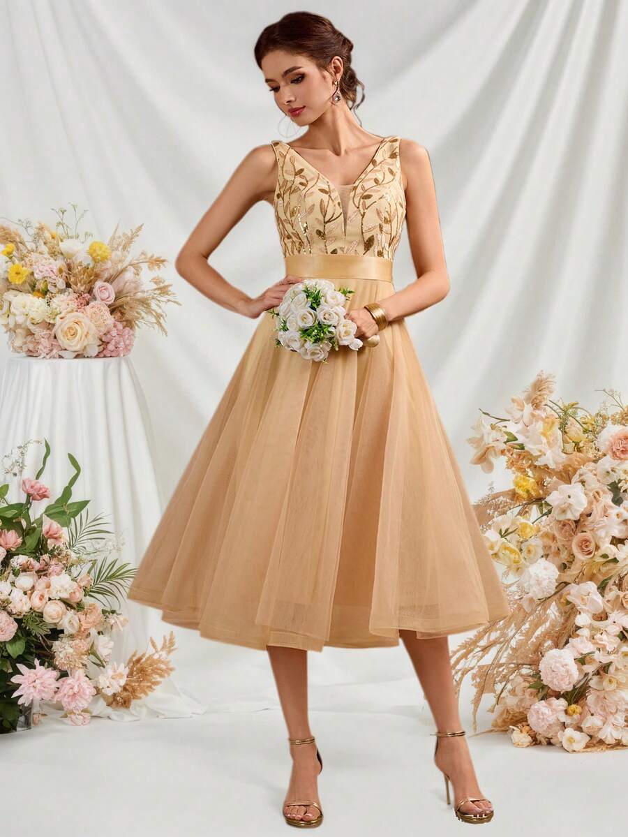 V-Neck Sequin Mesh A-Line Bridesmaid Dress, Christmas Party Dress, Elegant Ladies' Formal Gown, Suitable For Wedding Guests, Graduation Ceremonies, Galas And Other Occasions - Vàng - Xem 1