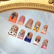Handmade Short Duckbill Press On Nails, Mixed Charm, Rhinestone Decor, Festival Expression Nails Summer Easter - Nhiều màu - Xem 9