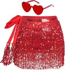 Sequin Belly Dance Scarf Tassel Wrap Sparkly Fringe Skirt With Pair Heart Party Rave Costume Women - 紅色 - 查看 12