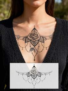 黑色大号胸部临时纹身贴纸，浪漫情人节玫瑰/野玫瑰/蝴蝶结/新月/流苏维多利亚复古风格性感临时纹身贴纸，适用于胸部、腹部和背部，DIY嘉年华/情人节/派对/节日礼物，防水逼真身体纹身贴纸，1包 - 黑色 - 查看 6