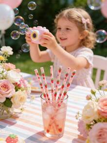 100/50/25pcs Strawberry Patterned Paper Straws, Disposable Drinking Straws, Suitable For Girls' Birthday Party, Baby Shower, Summer Berry Theme, 1st Birthday Party Supplies - Multicolor - View 5