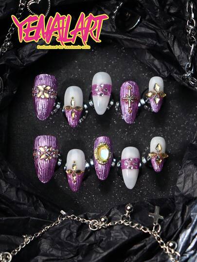10片手工制作的法式杏仁形美甲贴片，铬紫色，法式尖头，白色甲片，闪亮香槟色水钻装饰，月光石，全覆盖金属质感美甲贴片，非常适合女性和女孩的日常妆容，也适合派对、新年、庆祝活动和其他场合。附赠工具包，是送给女性和女孩的绝佳礼物。