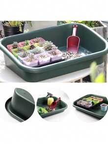 Khay trồng cây đa năng màu xanh lá cây, kích thước 16,9" x 11,8" x 3,14", thích hợp để gieo hạt, trộn đất, trồng cây và bảo quản chậu, phù hợp với đất trồng cây mọng nước và xương rồng, đa dụng cho làm vườn trong nhà và ngoài trời, chất liệu nhựa nhẹ. - Khay đựng đồ làm vườn - Xem 11