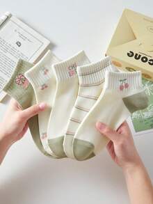 5 Paar Damen süße atmungsaktive Kirsche Schleife gestreifte kurze unsichtbare Socken, Knöchelsocken/Kniestrümpfe, weiße Socken, grüne Socken, geeignet für den täglichen Lässig-Stil, ganzjährig - Verschiedenfarbig - Übersicht 12