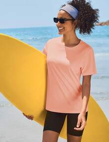 KEFITEVD Women's Short Sleeve T-Shirts UPF 50+ Sun Protection Quick Dry Athletic Running Workout Rash Guard Tops - 杏色 - 查看 3
