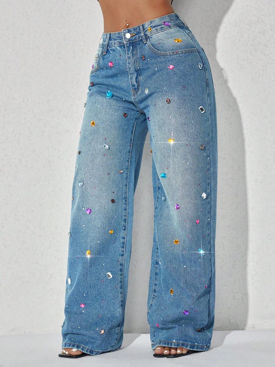 Pearl Decor 低腰阔腿休闲蓝色牛仔裤，斜插口袋，女士春季款 - 寶藍色 - 查看 1