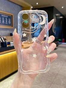 1pc Minimalist Star, Moon, Letter Printed Cream Marble Texture Thick Shockproof Lens Protection Phone Case, Suitable For Samsung Galaxy S25/S25 PLUS/S25 Ultra/A05/A05S/A06/A07/A16/A17/A23, OPPO A16/A17/A18/A57/A58/A78/A98/A60/A3X 4G, Vivo Y20/Y21/Y36, Transsion, Fashionable And Protective Choice For Men And Women - Trong sáng - Xem 2