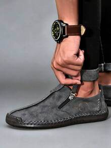Salkin 经典设计师手工男士乐福鞋，纯色仿麂皮鞋面，侧拉链，休闲一脚蹬鞋，内衬柔软舒适，防滑橡胶外底，适合户外散步和驾驶 - 灰色 - 查看 2
