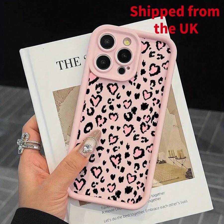 Fashion Leopard-Heart Pattern Phone Case, Cute Phone Protective Cover, Phone Accessory Compatible With IPhone 11 12 13 14 15 16 Pro Max - Pink - View 1