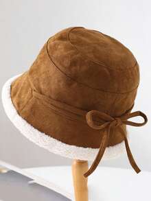 1pc Women's Retro Suede Bow Tie Fuzzy Bucket Hat, Warm Windproof Thick Bucket Hat, Fashionable Versatile Casual Outdoor Use, Autumn/Winter