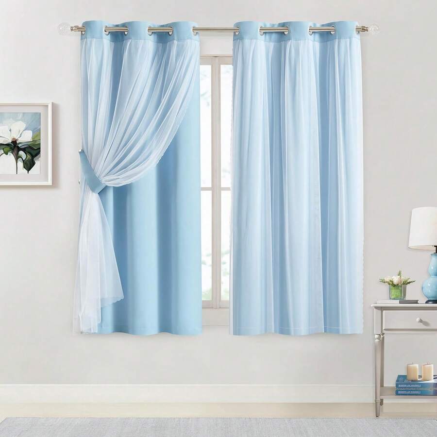Beige 80% Blackout Curtains With Sheer Overlay, Double Layer Thermal Insulated Window Panels, 63 Inch, Living Room And Bedroom, Beige Drapes With Tiebacks, Grommet Top, 37 X 63 L X 2, Modern Home Decor - Sky Blue - View 1