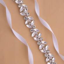 1pc Silver Crystal Rhinestone Bridal Sash With White Ribbon, Bridal Crystal Rhinestone Sash - White Ribbon - View 8