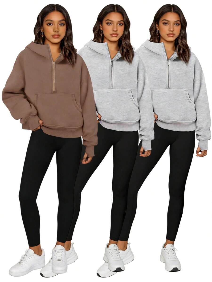 3 Pack Women's Half-Zip Hoodie Casual Fleece Pullover With Pockets Oversized Fall Workout Sweatshirt - 咖啡色/灰色/灰色 - 查看 1