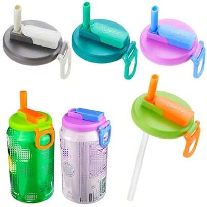 1 Pack 6-Color Soda Can Lids With Reusable Silicone Straws Airtight Seal Easy To Use Leak-Proof Fits Standard Cans Random Color