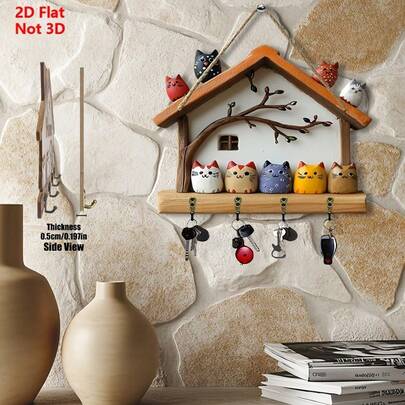 波西米亚风 2D 平面设计木质钥匙架 - 壁挂式玄关收纳架，采用天然木材制成，小房子造型方便快速收纳钥匙，简约质朴风格，无需电源，轻巧耐用，桦木材质，非常适合走廊、衣橱、玄关、公寓等场所，是家居装饰爱好者的理想礼物。