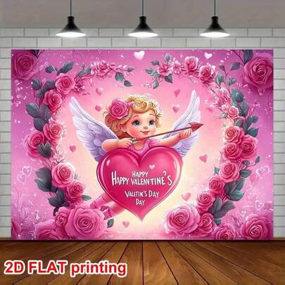 1pc 2D Flat Printed Pink Rose & Cupid Background Decorative Cloth, Photography Prop And Banner Decor, For Home, Bedroom, Living Room And Garden, Outdoor Party Celebration Decoration