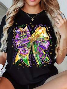 Gras Bow T Shirt Women Festive Carnival Costume Party Wear Purple Gold Green Mask Design Crewneck Graphic Tee For  Gras Celebration-Unisex Loose - Fit Comfortable Vintage Street - Style Cotton T - Shirt Top - 黑色 - 查看 1