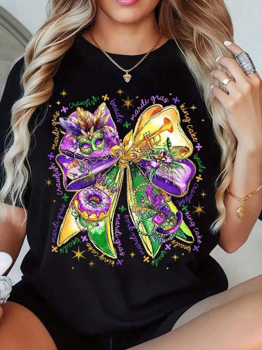 Gras Bow T Shirt Women Festive Carnival Costume Party Wear Purple Gold Green Mask Design Crewneck Graphic Tee For Gras Celebration-Unisex Loose - Fit Comfortable Vintage Street - Style Cotton T - Shirt Top - 黑色 - 查看 1