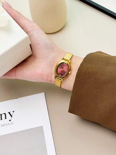 1 pieza Reloj de pulsera vintage dorado de mujer con forma ovalada, de estilo minimalista y elegante, con un diseño delicado y compacto, adecuado para uso diario, ocasiones de negocios, fiestas, citas, y una opción ideal para uso personal o como regalo.